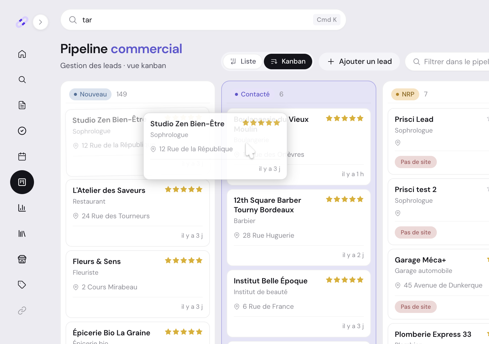 Pipeline commercial en vue Kanban dans Leadymap