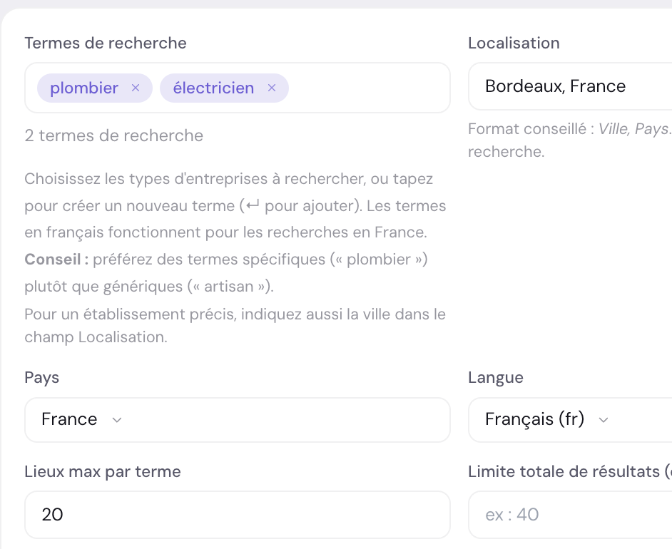 Formulaire de recherche de prospects